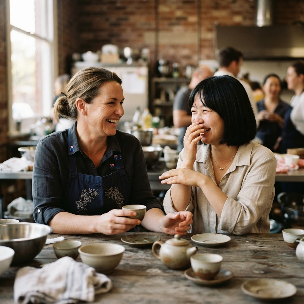 Australian and Chinese professionals continuing a candid conversation after a workshop