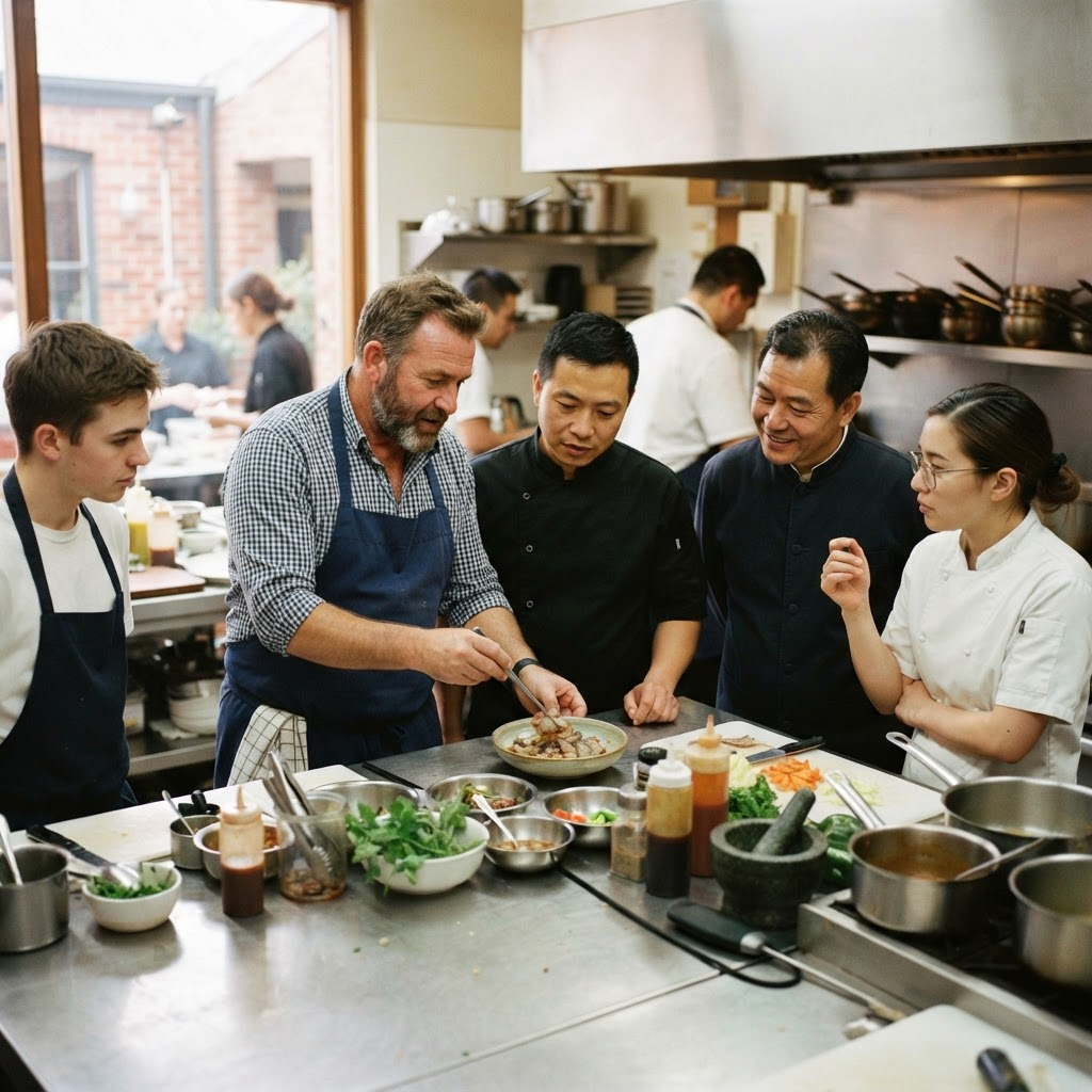Australian and Chinese professionals learning together around a worktable